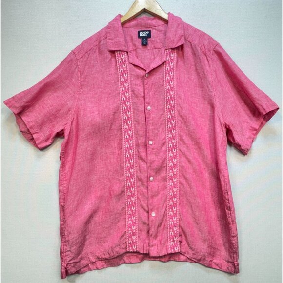 Lands' End Men's Linen Camp Collar Short Sleeve Shirt Sz XL Pink Traditional Fit - Picture 2 of 12